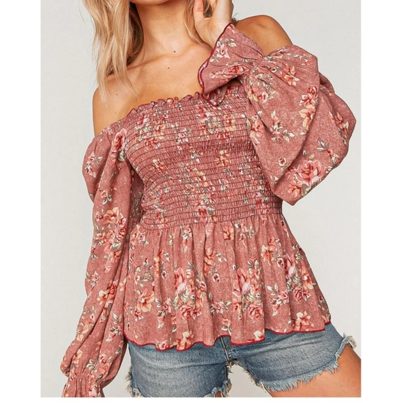 Mauve floral boho smocked off the shoulder lantern sleeve peplum babydoll top - Picture 3 of 6